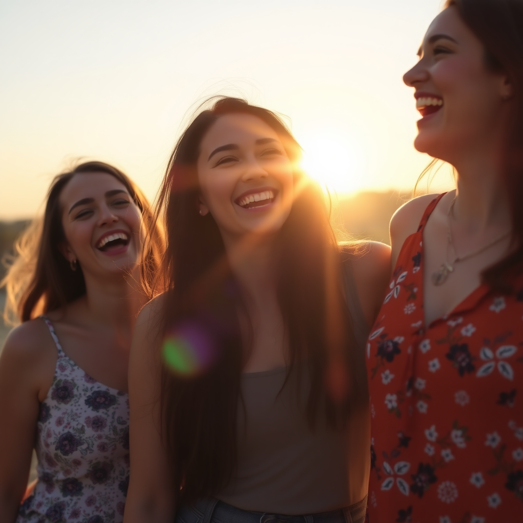 Three women stand together laughing, with one woman slightly out of focus in the foreground. The sun is setting behind the women, creating a lens flare and a warm glow.