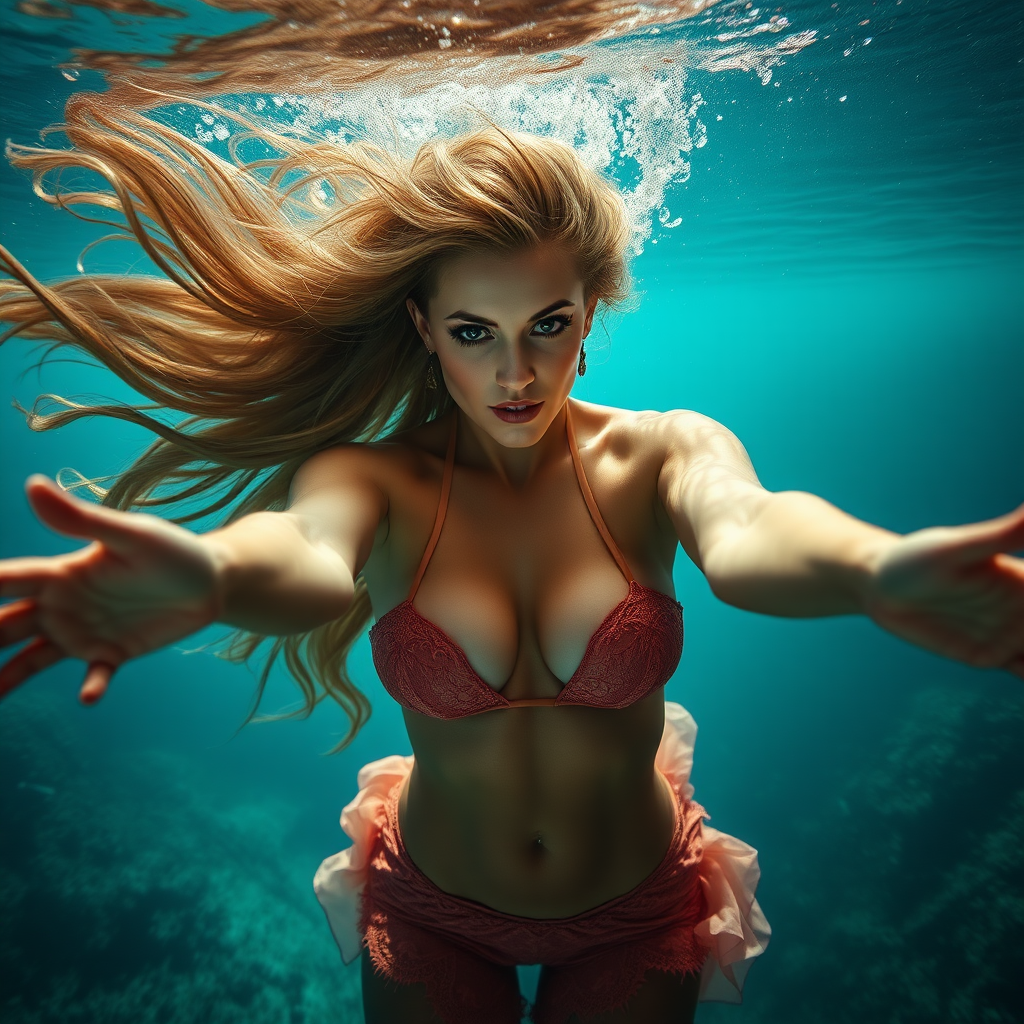 Fitness Model as a mermaid underwater amazing loose flowing hair floating in a nimbus around her beautiful face her arms outstretched towards the viewer and she's looking down into the viewer's eyes making intense eye contact. loose fitting diaphanous. Real DSLR HD Photography. Burlesque. Stunning undersea life details plants and fish and other creatures of the sea.