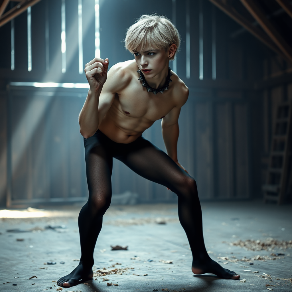 photorealistic, ultra high resolution, 16K, surreal fantasy, soft studio lighting, Caleb Swift is a pretty 16 year old goth male , slim male physique, blonde hair, blue eyes,  goth makeup,  earrings,  sheer black pantyhose, spikey neck collar with chain,  standing on the floor of the barn striking as pose as Michelangelo's "David" sculpture , excite mouth, bulging manhood, full body in wide view from side with Caleb facing the camera.