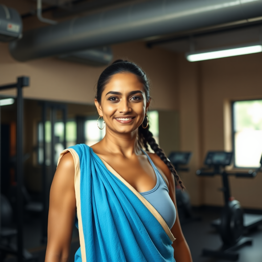 Indian wife, wearing towel, standing in gym