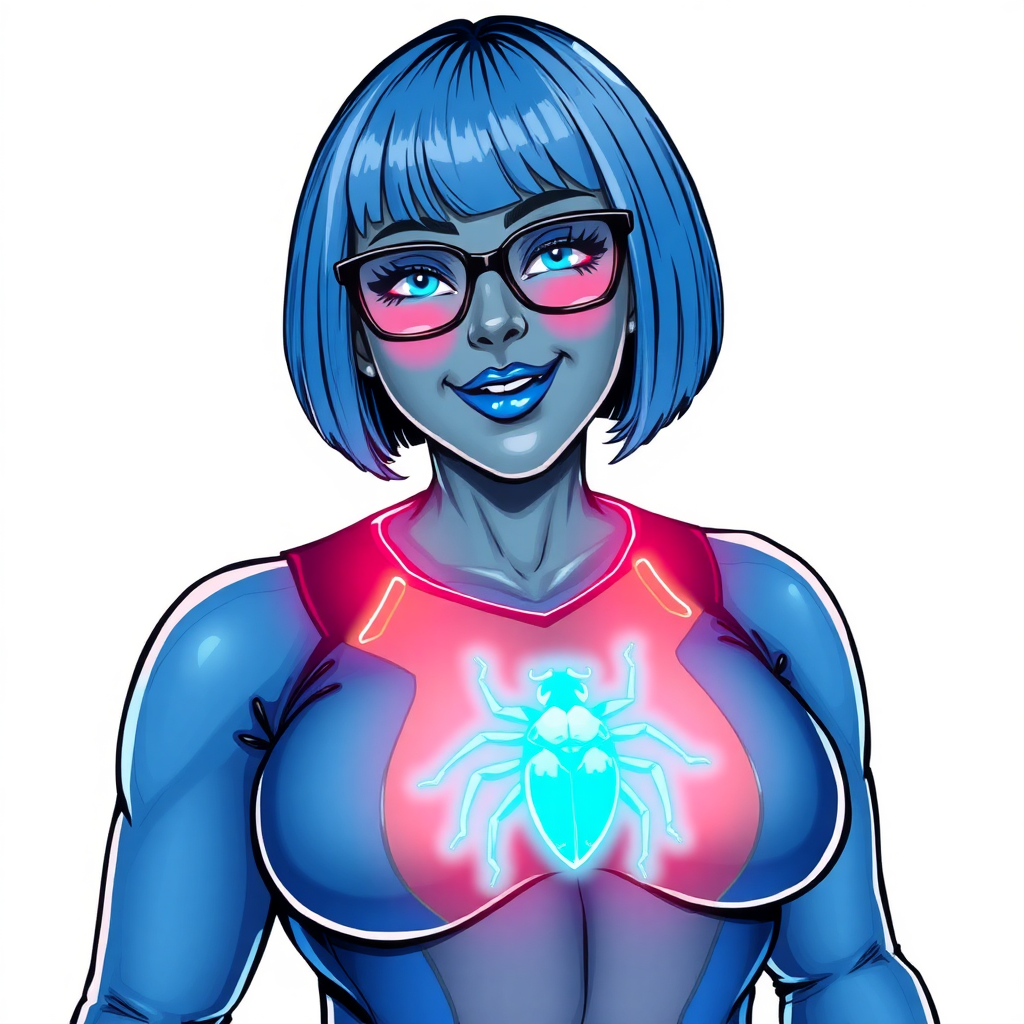 A 28-year-old, full-figured, middle gray metal skinned computer program-human hybrid with a maximum blue bob cut. She is the digital sidekick, computer hacker, and nerdy girlfriend of her cyberpunk vigilante boyfriend. Her middle gray metallic skin, distinct from any other character, highlights her digital nature. She wears maximum blue lipstick and has bright blue eyes. Her outfit includes a maximum blue full bodysuit with a neon blue glowing chest icon of a beetle. Black eyeglasses accentuate her nerdiness, and she has a lovestruck smile with neon red blush. Her full figure, including a prominent, gargantuan, round midsection (with the full emphasis on her gargantuan belly), gigantic limbs, and broad shoulders, reflects the doting care of her vigilante boyfriend. The background is solid white. She is drawn as if she was in a retro 2D cyberpunk fighting game. Ensure her bodysuit covers all her bare skin (especially her round gargantuan belly). Her bodysuit is influenced by DC's superheroine Jennifer Knight Phantom Lady but remains distinct.