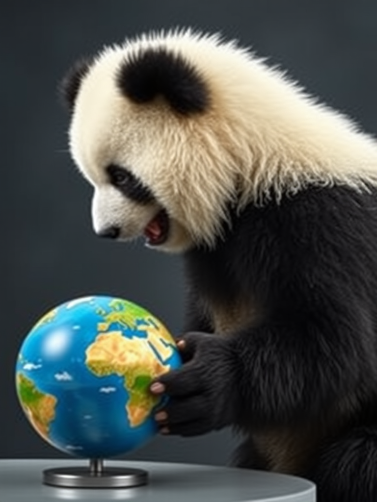 A panda bear staring at a miniature of the earth, staring at the globe ominously while laughing.