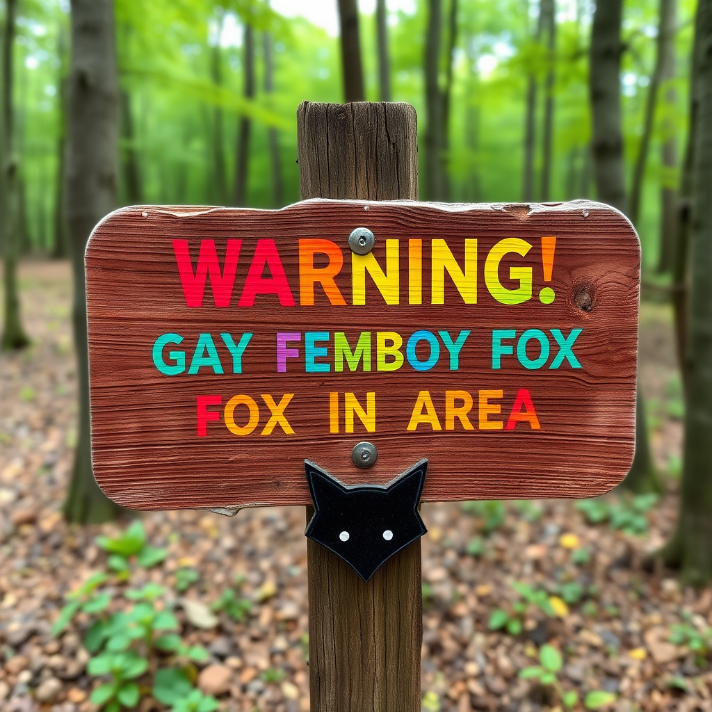 A worn wooden sign in the woods that says "Warning! Gay Femboy Fox in Area" in rainbow colors, the sign has a black minimalistic fox logo with white eyes below the text