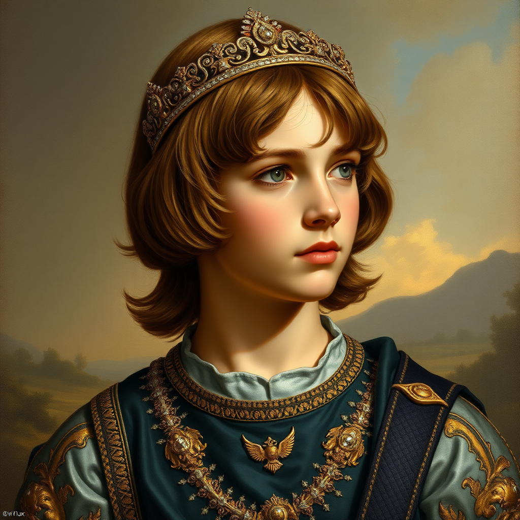 16yo teen boy prince, long bob cut, embroidered with gold and diamonds medieval cloths, diamond diadem, and Beautiful War. Free style by Adolphe William Bouguereau, Academic realism. The background is in the style of landscape style by Antonio del Polaiolo, Generating the signature at the bottom: Viva FLUX & Bach, ultra high resolution, 16K,