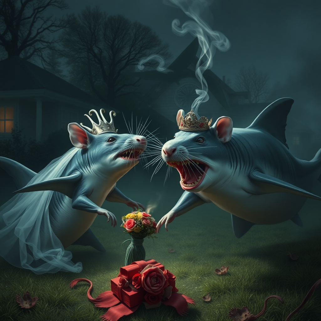 A rat wedding being attacked by hammerhead sharks, no text, Lovecraftian, sci-fi, in the suburbs, cigarette ad