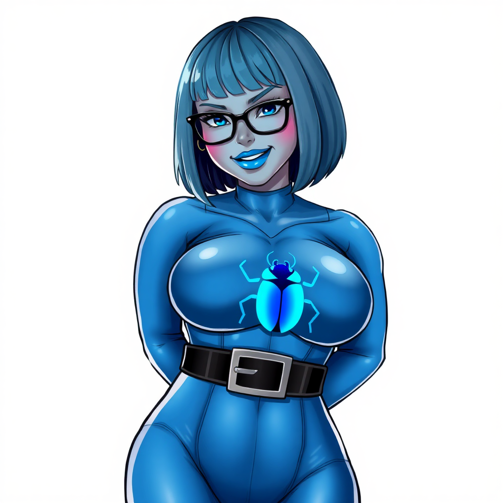 A 28-year-old, full-figured, middle gray metallic-skinned computer program-human hybrid with a maximum blue bob cut. She has a non-athletic build, highlighted by a prominent, round midsection. As a digital sidekick, computer hacker, and nerdy girlfriend to her cyberpunk vigilante boyfriend, her middle gray metallic skin and maximum blue lipstick emphasize her digital nature. She wears an oversized maximum blue bodysuit with a neon blue beetle chest icon, a black belt with a sapphire scarab buckle, and black gloves. Her bright blue eyes, black eyeglasses, and lovestruck smile with neon red blush accentuate her nerdiness. She stands bashfully with her hands behind her back, her bodysuit covering all her skin. Her physique is emphasized. She is on a solid white background. She is drawn as if she was in a retro 2D cyberpunk fighting game.