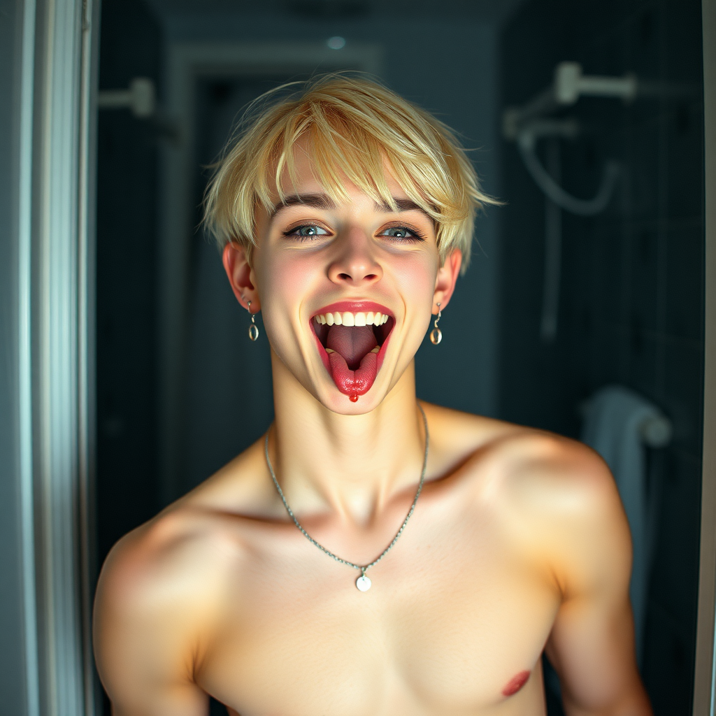 photorealistic, ultra high resolution, 16K, surreal fantasy, studio lighting, a pretty 16 year old goth boy, slim male physique, short blonde hair, goth makeup, earrings, pantyhose, white ballet shoes, in the bathroom, excited smile, facing the camera, drooling from his mouth