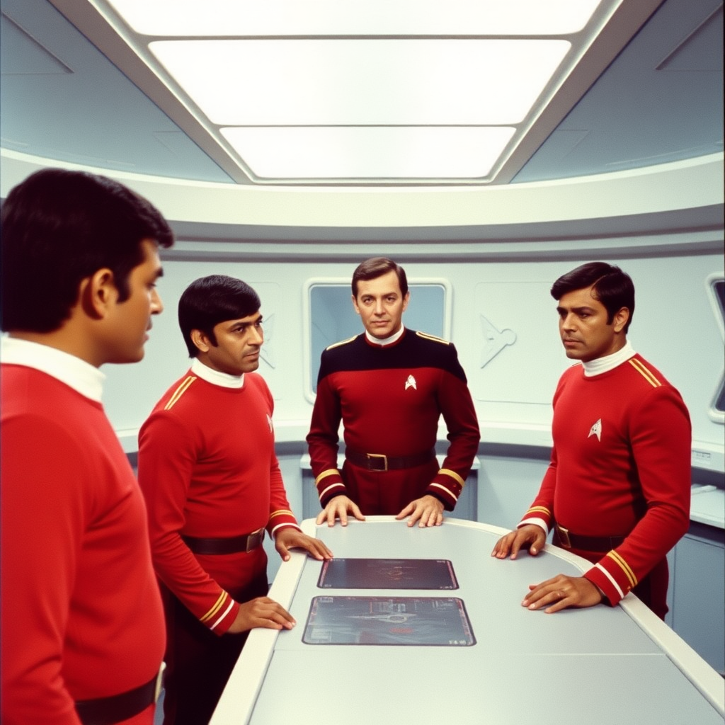 A still from an episode of a sci-fi television series from the sixties. The captain is on the bridge. Everyone is wearing starfleet uniform. Everyone is Indian.