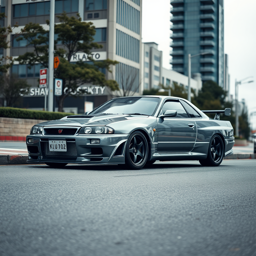 The car is parked on the side of the road, inspired by Taiyō Matsumoto, tumblr, restomod, nd4, c4 metallic shine gray black nissan skyline r34 kalabalik tokyo gece arkaplan