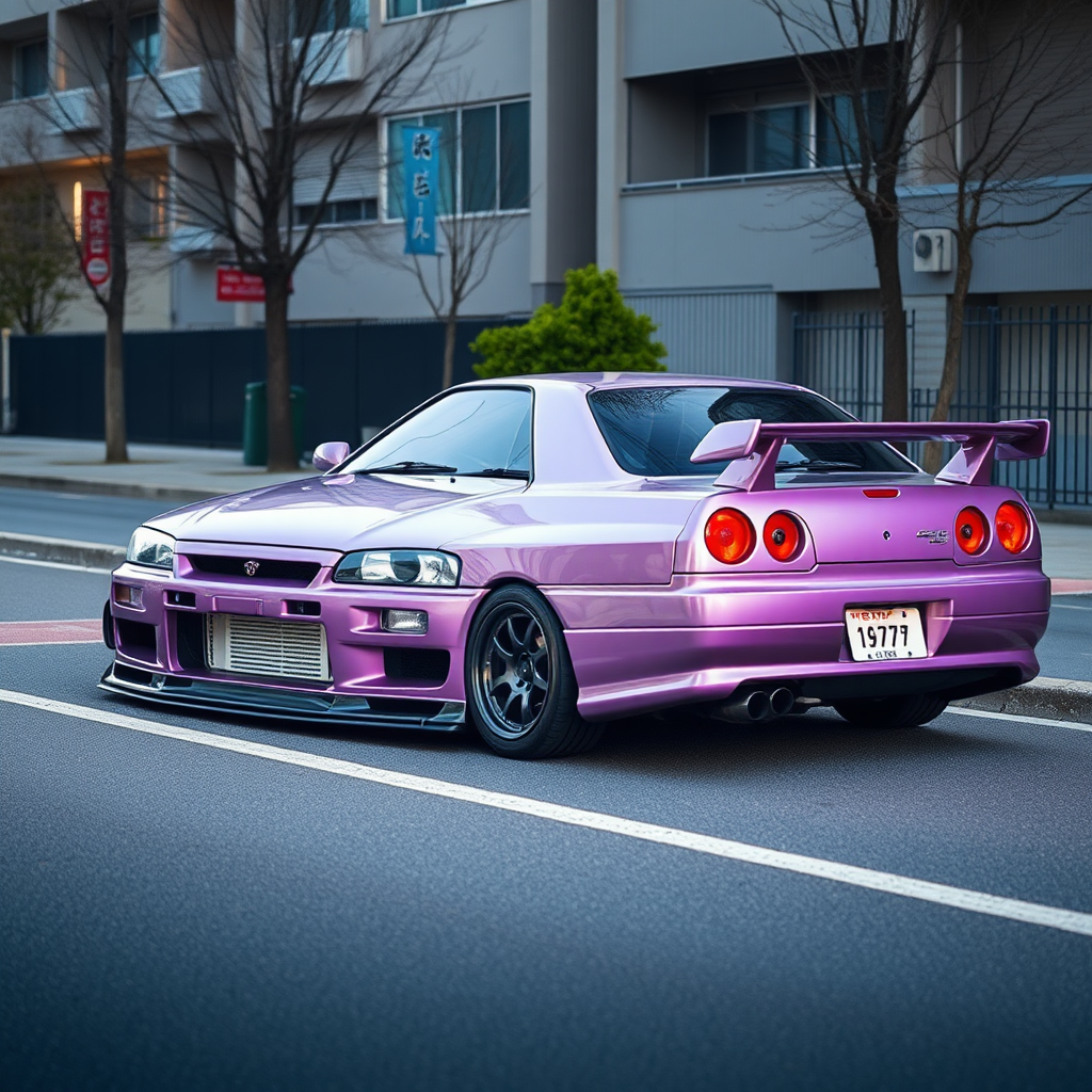 the car is parked on the side of the road, inspired by Taiyō Matsumoto, tumblr, restomod, nd4, c4 metallic shine nissan skyline r34