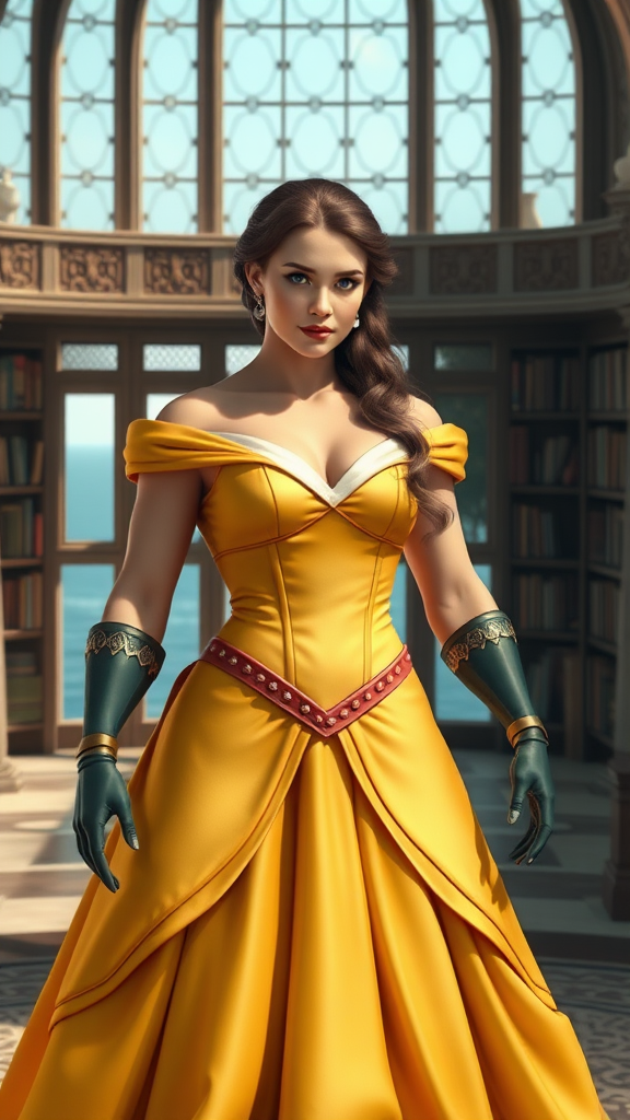 Create a hyper-realistic image of Belle from Beauty and the Beast with a modified body type resembling Aquaman's muscular physique. Maintain Belle's original head and facial features intact, but transform her figure to be more athletic and powerful. Dress her in an outfit that blends elements from both characters, suitable for her new form. Set the scene in a grand library with large windows overlooking the sea, combining Belle's love for books with Aquaman's aquatic realm. Ensure the lighting and details are vivid and lifelike.