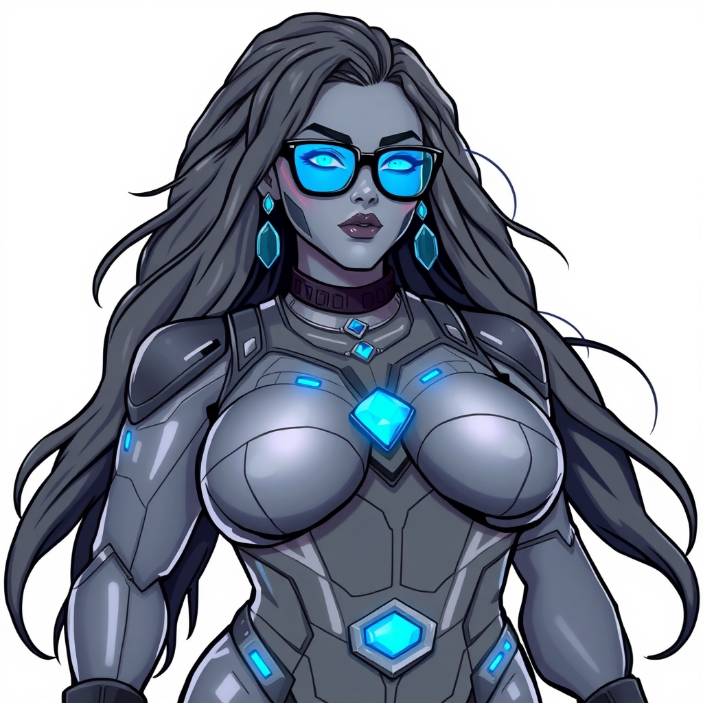 A 29-year-old computer science major, she is the devoted girlfriend of a vigilante and serves as his dotingly pampered, full-figured, nerdy, Middle Gray (N5) metallic skinned digital sidekick. She is now a Computer Program hybrid, with a unique, metallic Middle Gray (N5) skin color that blends with her suit and hair, appearing to merge together as computer data. Her long hair, suit, and skin are all the same metallic Middle Gray (N5) all blending together to appear to merge as computer data. Her neon blue eyes are mesmerizing. Her full figure, especially her prominent, round, gargantuan midsection, shows just how heavily fed and pampered she is, with sequoia-sized limbs and broad shoulders.

As a loyal and supportive sidekick, she plays a crucial role in their missions, using her digital prowess to assist and protect. She wears a blue sapphire scarab necklace and blue sapphire earrings, which she received as symbols of their love before his 5-year disappearance. Her digital and computerized bodysuit, also the same metallic Middle Gray (N5), blends with her skin and hair (appearing to merge together like computer data). She is equipped with high-tech features, including holographic displays and integrated hacking tools. She has matching high-tech gloves. She emits neon blue data cubes from her body, set against a solid white background.

Heavily, attentively, and immensely pampered through being well-fed since their reunion, her full figure clearly shows the extent of care she has received. Despite her digital enhancements, she retains her human vulnerabilities, including hunger and sleep, and is not immune to human weaknesses. She has the ability to hack into computers and machines, and her nerdiness is blatantly obvious with her black oversized eyeglasses. Her full figure, especially her gargantuan midsection, is prominently displayed and heavily emphasized. Her outfit, influenced by DC’s Jennifer Knight Phantom Lady, remains distinct.

Despite her boyfriend’s limited resources, she assists in the war on crime by serving as a minicomputer, traveling in a high-tech wristwatch and supercar’s computer system. Using her hacking abilities, she relays crucial knowledge related to missions. She is drawn as if she was in a retro 2D cyberpunk fighting game.