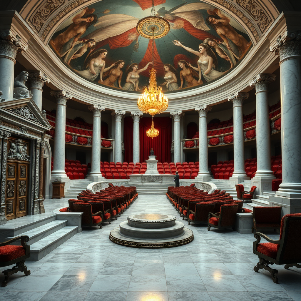 The Slave Auction House at the Sanctuary of Serenity is a prominent building located at the center of the Sanctuary grounds. A wide stone path leads to its ornate double doors, which are decorated with silver and mother-of-pearl. The façade features intricate carvings depicting the history of slaves. Inside, the grand foyer has polished marble floors and white alabaster pillars supporting a vaulted ceiling painted with images of alluring female slaves. Beyond the foyer is the main auction chamber, a large circular room with ascending rows of plush seating made from velvet and mahogany, all facing the central platform known as the Dais of Pairing. This platform is illuminated by a chandelier that casts a golden light over the chamber. The Dais of Pairing is the focal point of the Auction House, where slaves present themselves to prospective buyers. The Dais is finely crafted with silver-gilded edges.