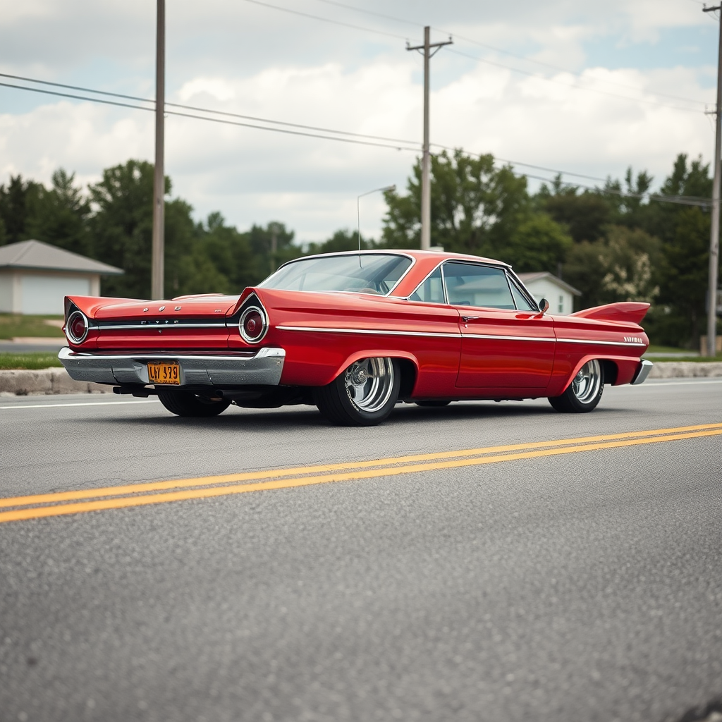 the drag car is parked on the side of the road, inspired by Taiyō Matsumoto, tumblr, restomod, nd4, c4 metallic shine candy red classic american low rider custom ford