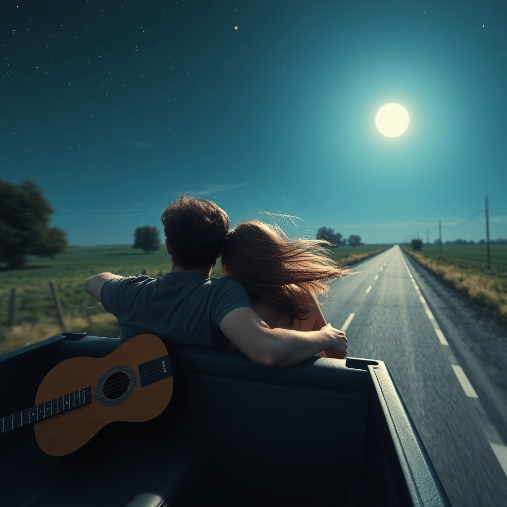 An image of a young couple driving down country roads in the middle of the night with the moon out and the stars above in their pickup truck with the top down. The guy is in the driver's seat. The woman in the passenger seat. There is a guitar in the flat bed. The woman's hair is blowing in the wind. The guy has his arm around the woman.