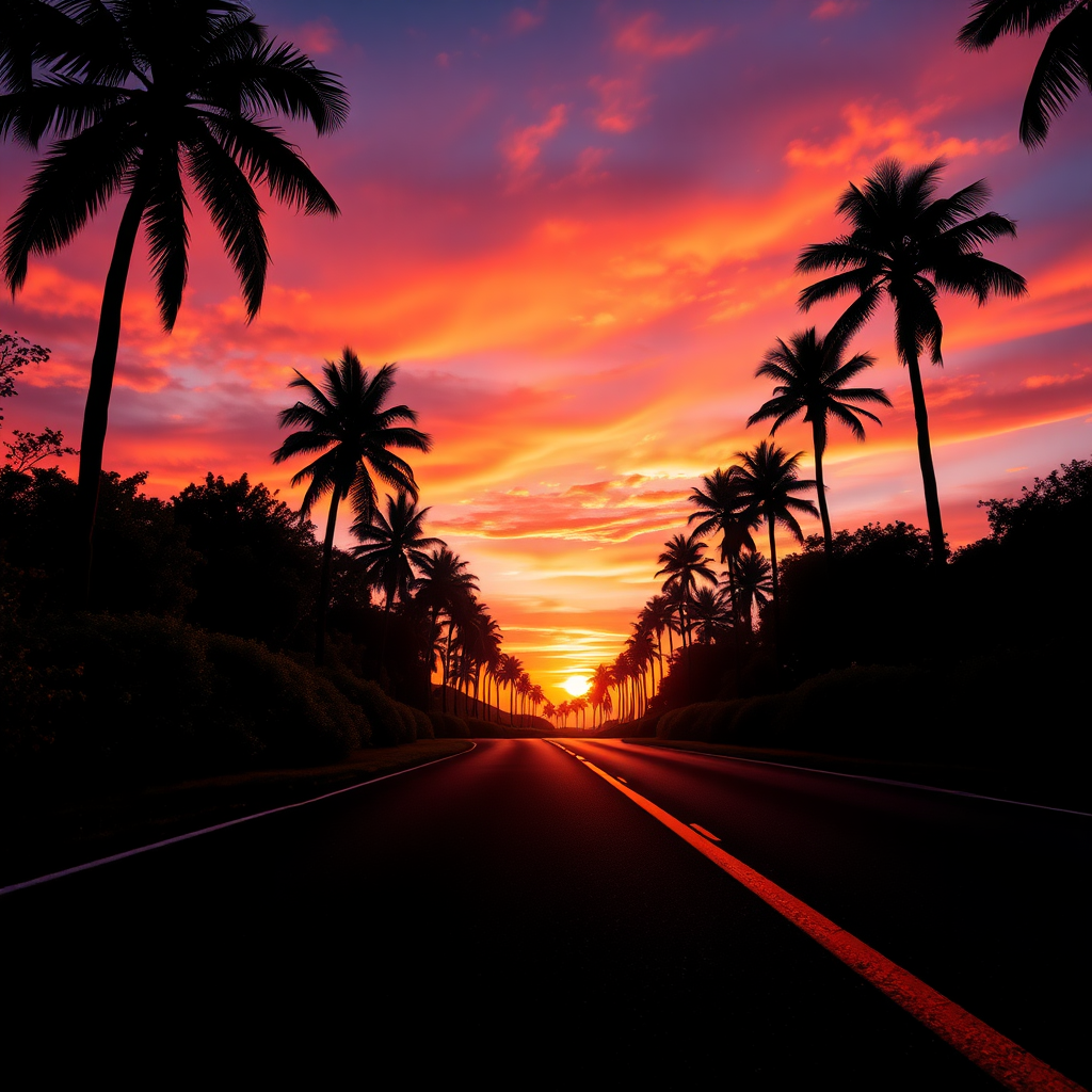 Viral animation nature wallpaper quality. A serene sunset scene captured from a low angle on a winding road, bordered by tall palm trees. The road features a prominent yellow line that leads the viewer's eye into the distance. The sky is a breathtaking blend of warm oranges, deep purples, and soft pinks, reflecting a tranquil, golden hour ambiance. Soft silhouettes of lush vegetation on either side create a sense of depth, while the fading sunlight casts gentle shadows. The image evokes a peaceful feeling, reminiscent of an impressionist style, with an emphasis on color and atmosphere rather than precise detail. Vibrant yet calming colors create a striking contrast against the darker silhouettes, inviting tranquility and reflection.