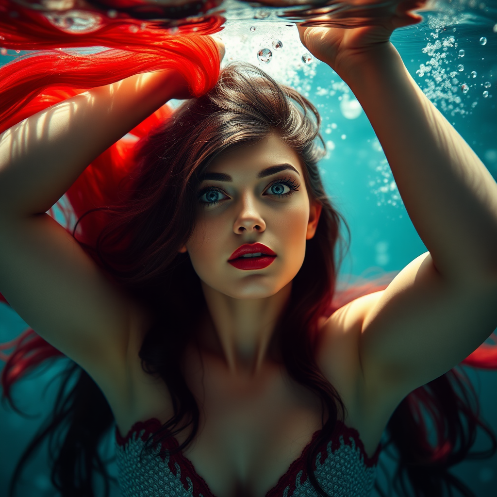 Vampirella as a mermaid underwater, hair floating in a nimbus around her beautiful face, her arms up over her head, and she's looking down into the viewer's eyes, making intense eye contact. Diaphanous. Real DSLR HD Photography.