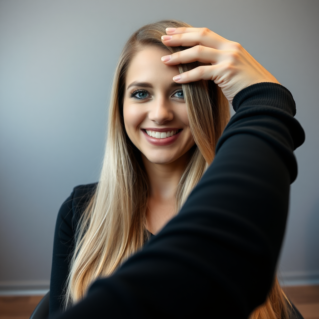 POV, beautiful very long haired blonde woman sitting in a hair salon smiling at the camera while I reach out from behind the camera to massage her scalp. My fingers are digging into her hair rubbing her scalp while her hair is covering my hands. 
Plain gray background.