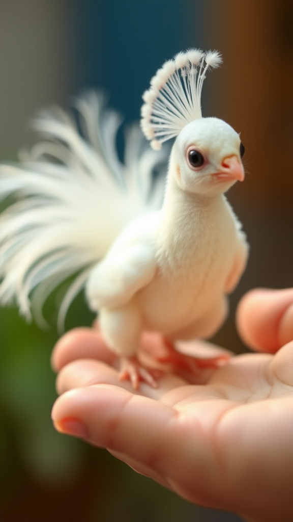 A small tiny cute chubby big eyes big perfect tail real white dancing peacock with tail on hand.