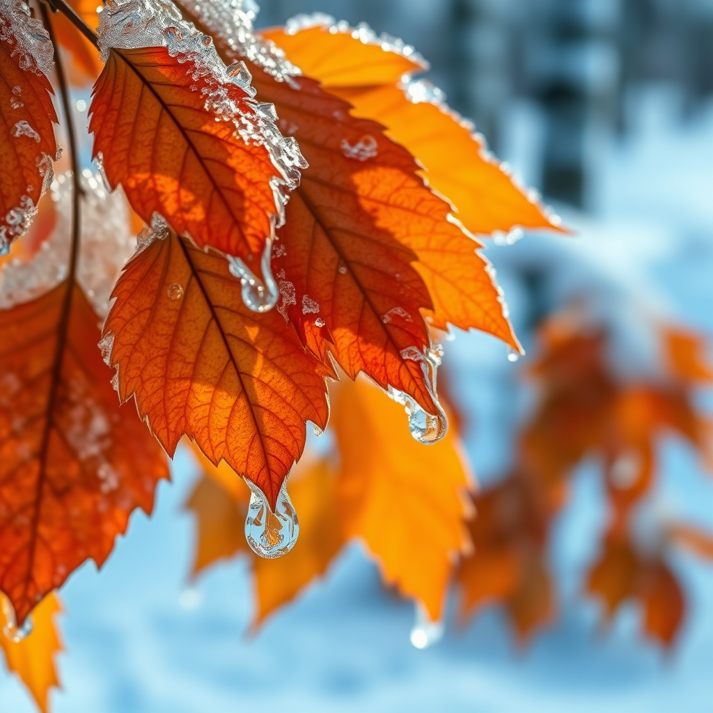 close-up of vibrant autumn leaves encased in glistening ice, delicate droplets hanging from the edges, set against a soft, snowy background with blurred tree trunks. the scene captures a tranquil winter landscape with a cool color palette of blues, whites, and warm amber tones of the leaves. the light softly reflects off the ice, creating a serene, hyperrealistic aesthetic that emphasizes the intricate details of the leaf veins and crystalline structures.