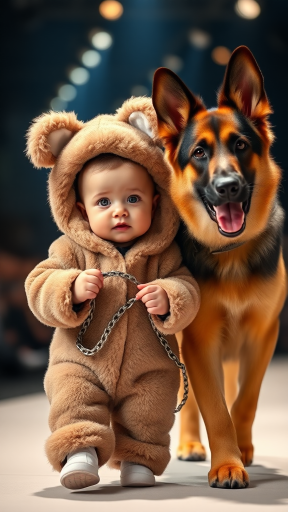 A cute small chubby fair baby with big eyes, pink lips, and pink cheeks wearing a furry cozy dog costume doing a ramp walk in a fashion show, walking side by side with a real German shepherd dog, the baby holding the dog's collar chain, cinematic.