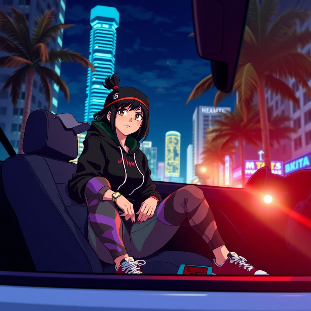 An anime scene depicts a 19-year-old Latina named Lucia, a tough, street-smart woman cruising through the vibrant streets of Miami in her car. She wears a black hoodie and tight, colorful pants, giving her a bold, rebellious look. Beside her sits a Latino guy with a sideways cap, his laid-back attitude matching the urban energy of the city around them. The neon-lit skyline and palm trees flash by as they drive through the night.