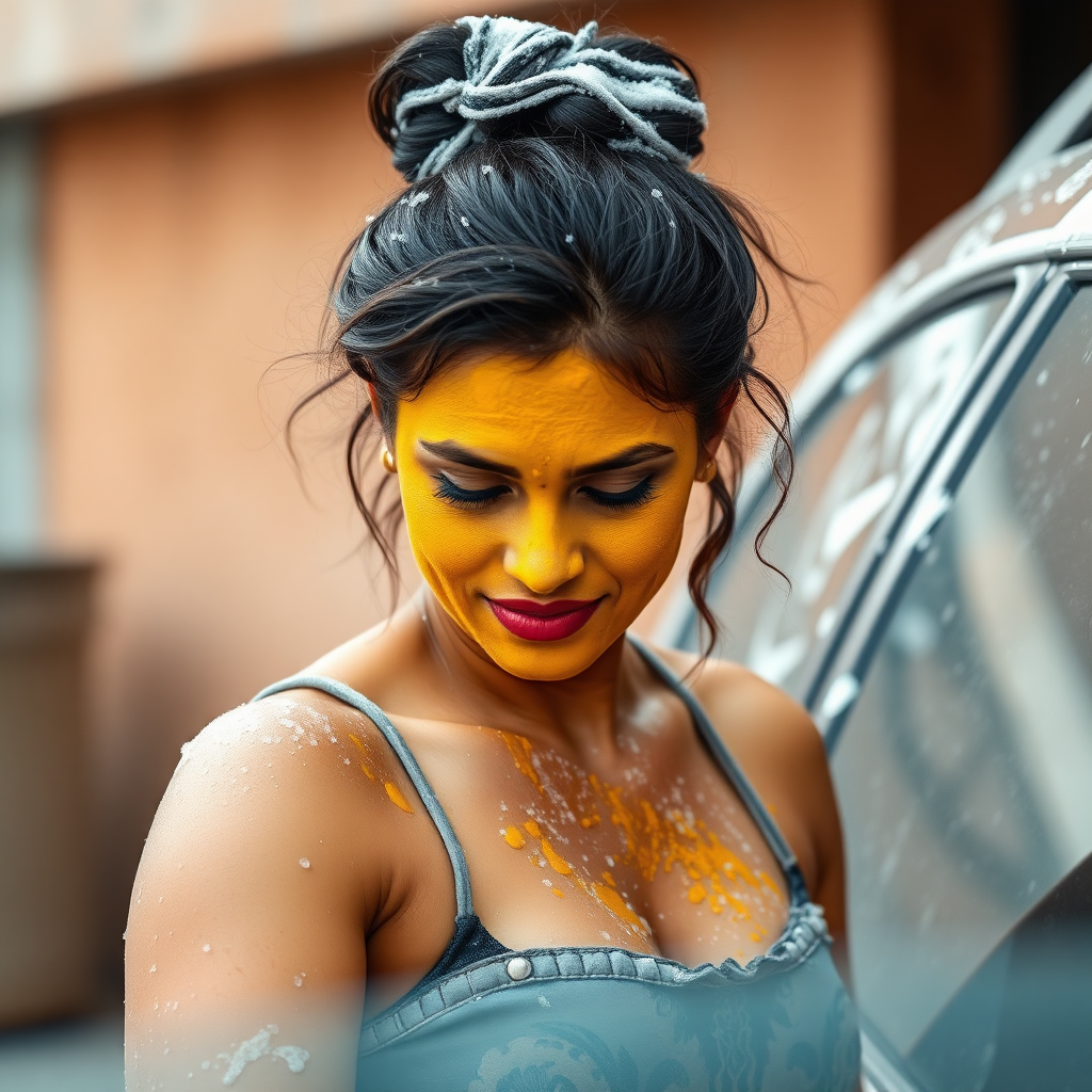 slim, curvy, 30 year old indian maid with hair covering bun, her face is covered with turmeric mask and body is covered with soap lather. she is washing a car