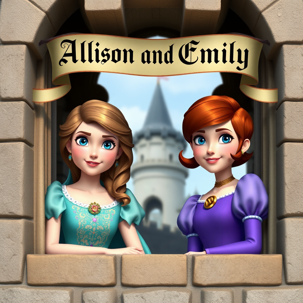 Two photo realistic princesses, one with light brown hair, blue eyes and aqua colored dress and the other with short auburn hair, blue eyes and purple dress peeking out the window of a castle with a medieval banner overhead saying "Allison and Emily"