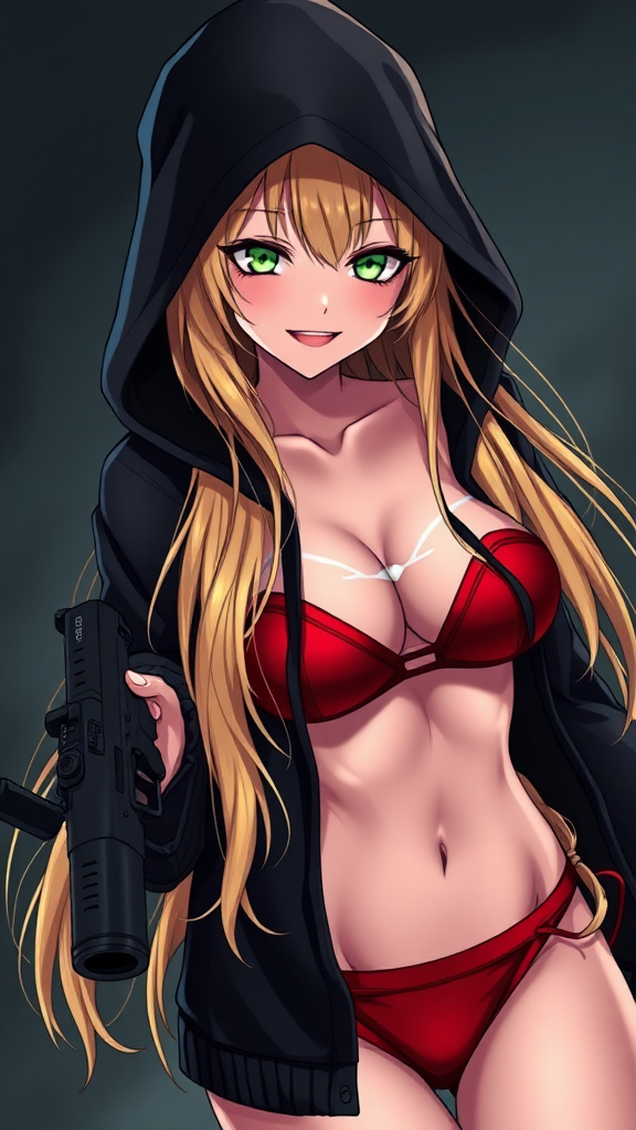 Anime, a sexy seductive and wicked long-blond hair, green-eyes, wearing a black-dark hoodie under a red-bikini and red-gstring thong, wicked smile, holding glock