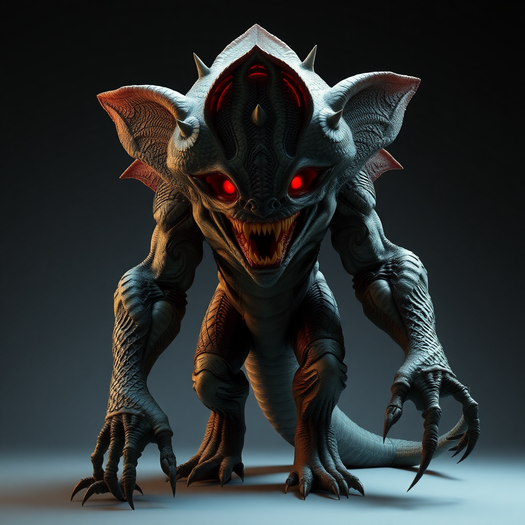 Create a realistic looking and terrifying, humanoid monster with a hulking, muscular body, roughly 9 feet tall, covered in scaly, reptilian-like skin, featuring long, spindly arms, sharp razor-like claws, and a distinctive flower-like head with four petal-like openings that reveal rows of jagged teeth, glowing with an eerie, bioluminescent red light.