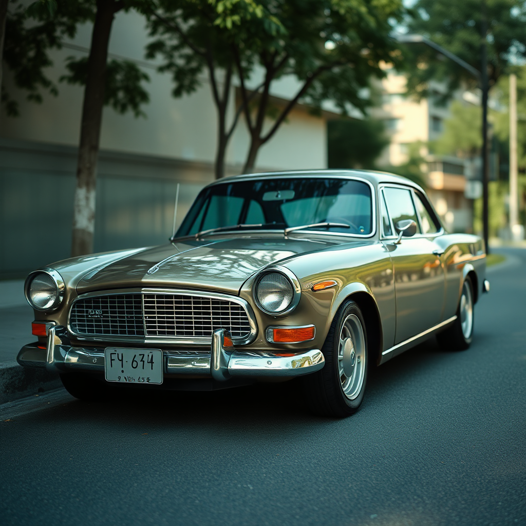 metallic shine classic car is parked on the side of the road, inspired by Taiyō Matsumoto, tumblr, restomod, nd4, c4