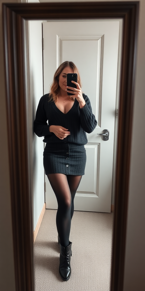 A beautiful woman, 40 years old, black sweater, wool skirt, pantyhose, boots, cleavage, perfect tits, taking a selfie in a mirror with an iPhone 15 pro max, realistic, real lights, natural