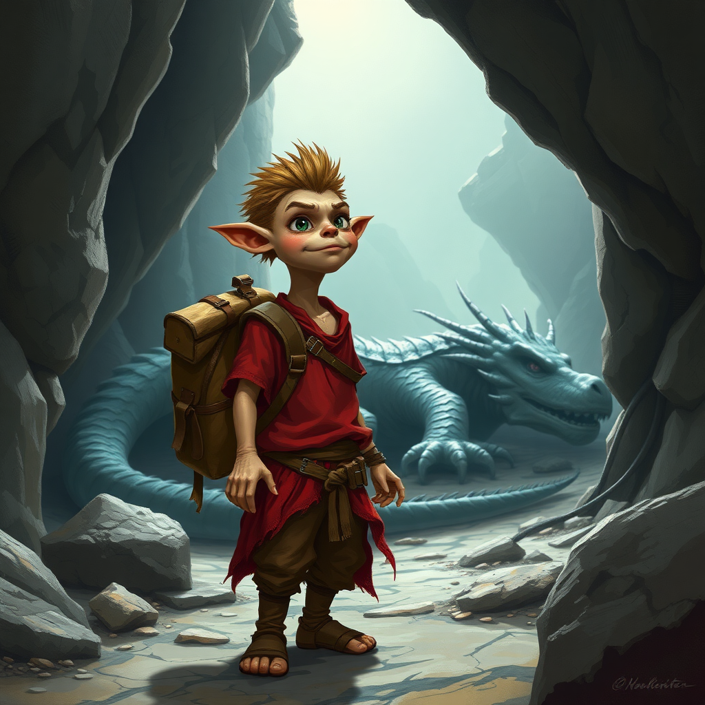 A dungeons and dragons style small, skinny, light brown, kobald monster in a tattered red tunic and dirty brown pants wearing a backpack on his back who is excited to see a large sleeping dragon in a cave.