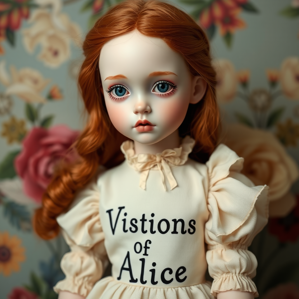 ooak art doll, artist doll, realistic doll, life-like porcelain doll, young preteen girl, unique personality, bisque doll, text "Visions Of Alice" on dress, vibrant colors, aesthetic art