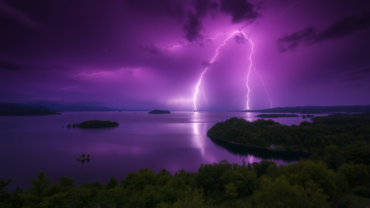 photo, lakes, nature, purple sky, lightning