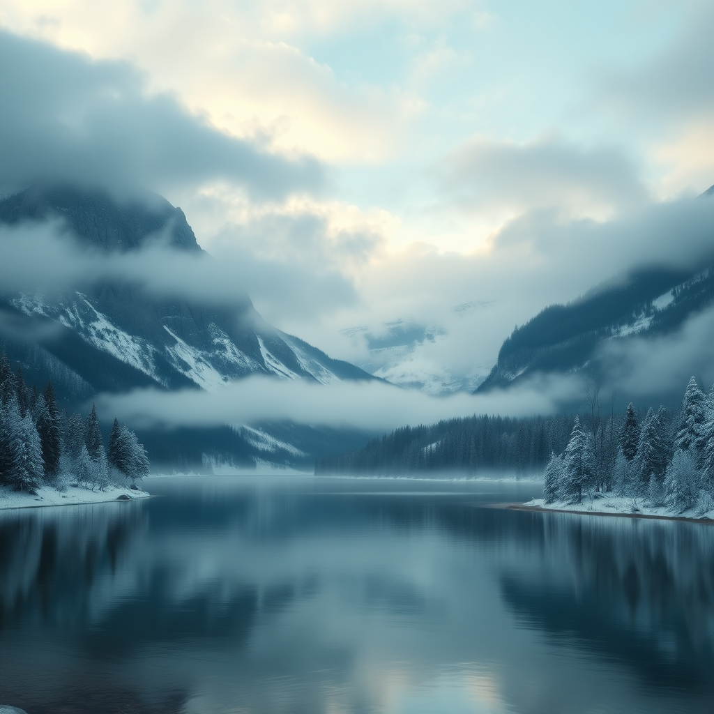 The tranquil winter landscape enveloped in calm fog depicts towering mountains partially obscured by soft, swirling clouds. This scene captures a serene lake, reflecting the majestic peaks and lush evergreen forests surrounding it. The colors are predominantly cool, featuring icy blues, deep teals, and muted greens, with a hint of warm gray added to the fog. Snow-covered trees line the shore, creating a peaceful boundary with the glossy surface of the water that reflects the eternal light of the atmosphere. The overall aesthetic is hyper-realistic, evoking a sense of tranquility and isolation in a winter-laden wilderness.