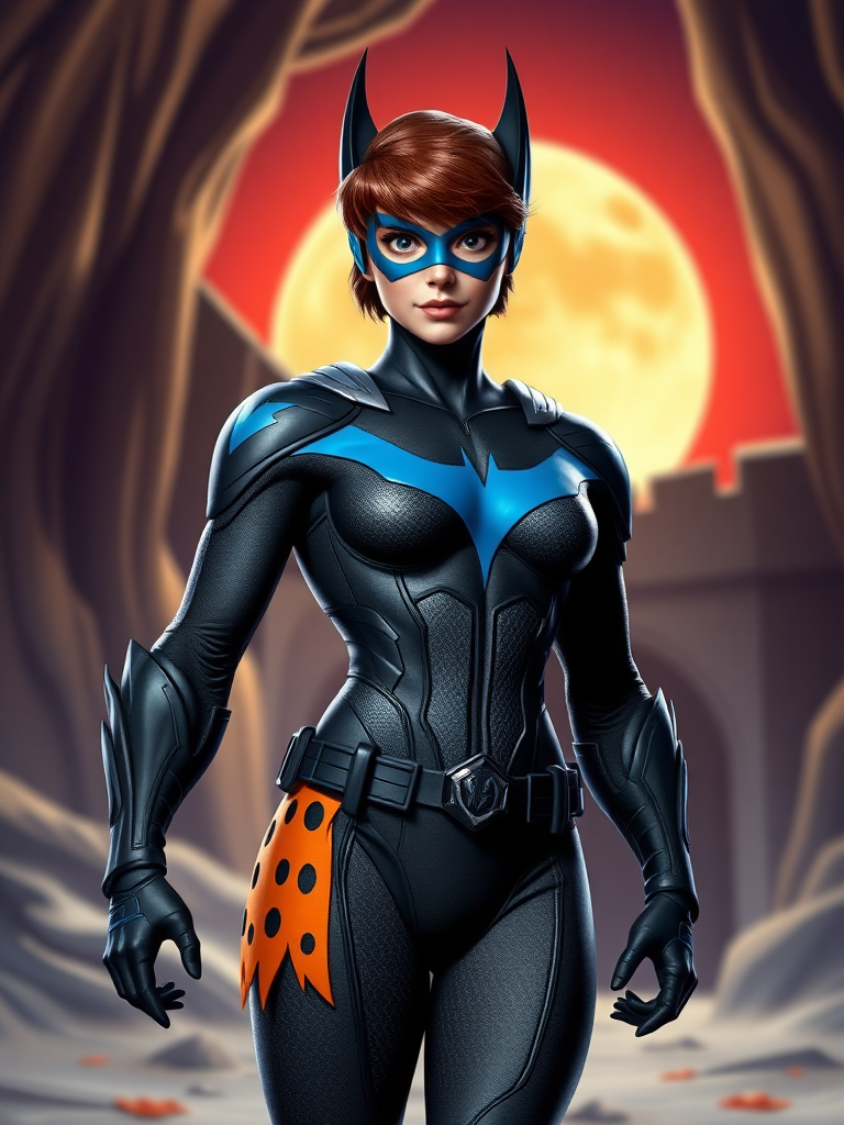 Generate a full-length rendered image of Nightwing featuring the female figure of Wilma Flintstone as the body. Retain Nightwing's head, hairstyle, and facial features intact. Adapt Nightwing's costume, integrating embellishments from Wilma's outfit, ensuring the design fits the new proportions. Create a unique background, drawing inspiration from both characters’ worlds, blending elements characteristic of Nightwing's Gotham and the vibrant, prehistoric setting of the Flintstones.