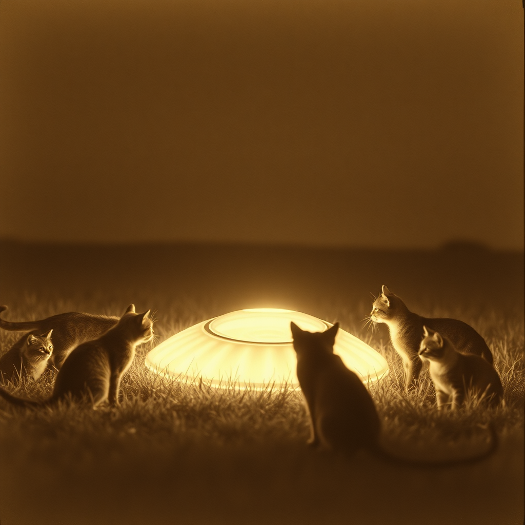 highly detailed sepia toned real photograph from the late 1940's of a group of different cats examining a large UFO that is on the ground in a field