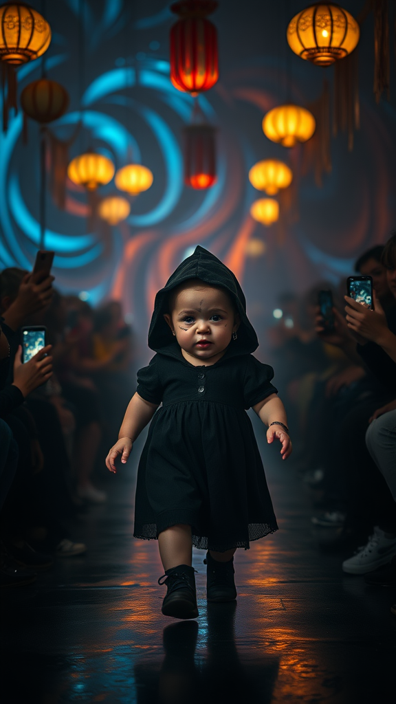 Create an eerie yet captivating scene featuring a small, 7 month old chubby baby-like witch with pink lips, pink cheeks, and fair skin walking confidently down a dark runway, surrounded by spectators. The witch wears a black dress, a black long cap, and has a black tattoo on her face. Her face has exaggerated, creepy makeup with thick red lips.

The background features swirling, abstract light patterns in blue, orange, and yellow hues, creating a surreal and unsettling atmosphere. The audience, dimly lit on either side, holds up their phones and cameras to capture the moment, but their faces are mostly obscured in the shadow, adding to the mysterious mood. Overhead, several more colorful lights and hanging decorations give a circus-like vibe, but the overall tone is more eerie than playful. The ground is wet, reflecting the lights above, creating a sense of depth and texture, adding to the haunting atmosphere.