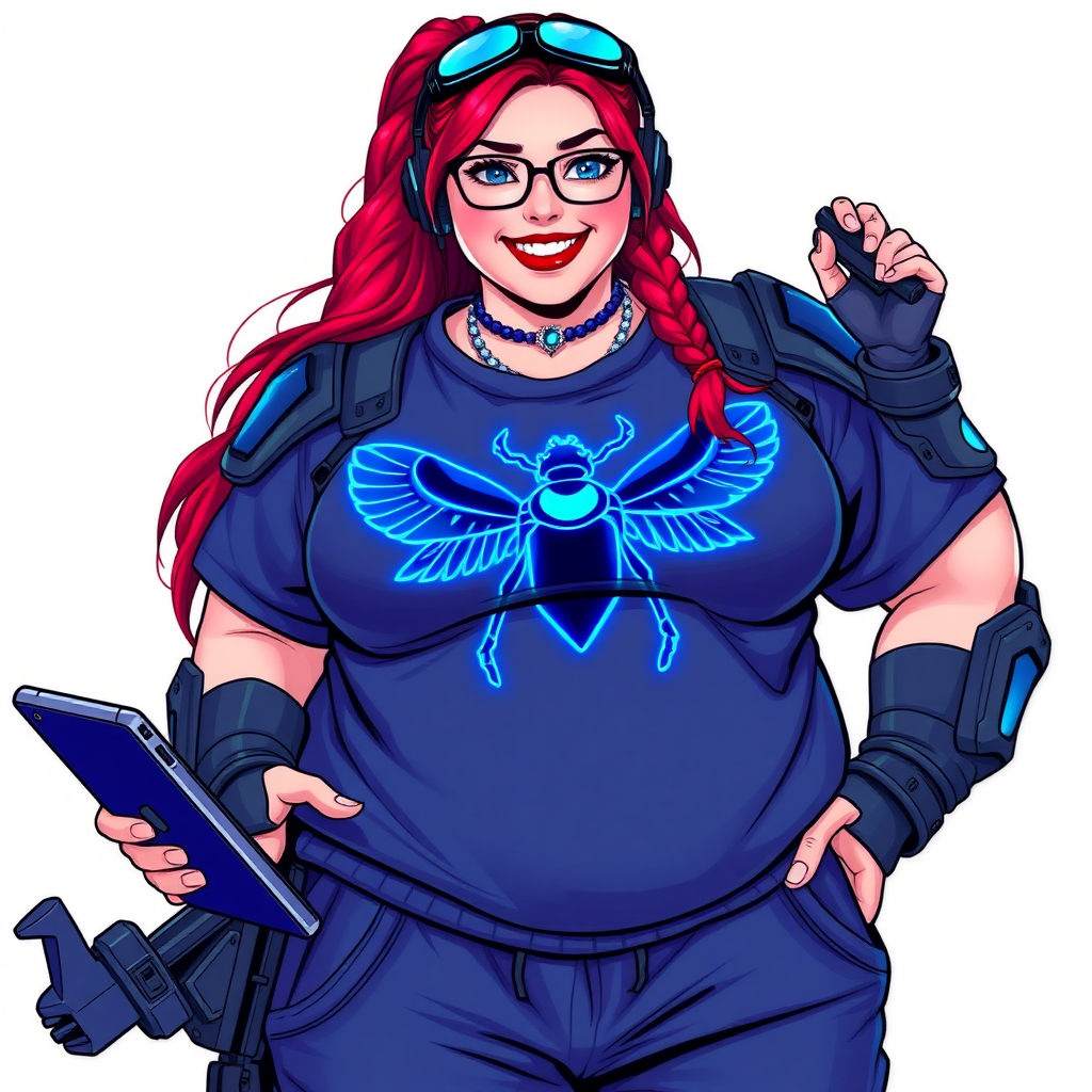 A cyberpunk vigilante’s full-figured intelligent and tech-savvy 29-year-old girlfriend, who is a computer hacker and tech genius. She has a long ruby red ponytail and bright blue eyes. She wears a sapphire beetle gemstone necklace, an armored, oversized, Maximum Blue (RGB 71, 171, 204) t-shirt featuring a giant neon blue glowing chest icon of a winged beetle, and matching Maximum Blue (RGB 71, 171, 204) sweatpants. She has a full-figured physique with a prominent, enormous, well-rounded midsection, reflecting her well-cared-for lifestyle. The midsection is heavily emphasized. She sports a sapphire headset with hi-tech Maximum Blue (RGB 71, 171, 204) lensed HUD visor, Maximum Blue (RGB 71, 171, 204) lipstick, black eyeglasses, and a beaming smile with a passionate bright red blush. Despite her figure and a lack of self-esteem, she radiates an air of beauty. She has an angular face which contributes to her radiant beauty. She serves as his tech expert from his hideout, holding a holographic tablet and a hi-tech tool wrench. The background is solid white. She is drawn as if she was in a retro 2D cyberpunk fighting game. Make sure her t-shirt covers her enormous midsection.