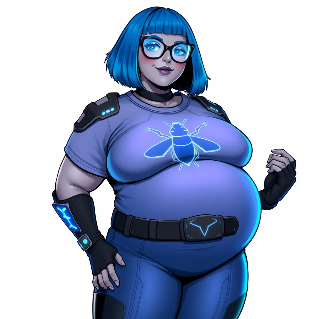 A 28-year-old, full-figured, middle gray skinned computer program hybrid with a maximum blue bob cut. She has a non-athletic build, highlighted by a prominent, round, large midsection (with emphasis on her large belly), which shows the aftermath of her pampering. As the heavily pampered digital sidekick to her cyberpunk vigilante boyfriend, her middle gray metallic skin and maximum blue lipstick emphasize her digital nature. She wears a digital, computerized costume inspired by DC’s Carrie Kelly Robin, consisting of a huge, tight-fitting, maximum blue t-shirt with a neon blue glowing chest icon of a beetle, hi-tech shoulder pads with neon blue accents, a black hi-tech belt with a digital neon blue glowing buckle, digital maximum blue pants with neon blue accents, and black hi-tech fingerless biker gloves with neon blue glowing accents. Her neon blue glowing eyes, black eyeglasses with a neon blue glowing HUD built into the lenses, and shy smile with neon red blush accentuate her nerdiness. She stands bashfully with one hand behind her back and the other hand gently touching her cheek, her costume covering all her skin and emphasizing her full-figured physique (especially her belly). She is clearly non-athletic, with a focus on her full-figured physique. Despite her build, she radiates beauty. She has a slim face compared to her physique, accentuating her radiant beauty. She is on a solid white background. She is drawn as if she were in a retro 2D cyberpunk fighting game.