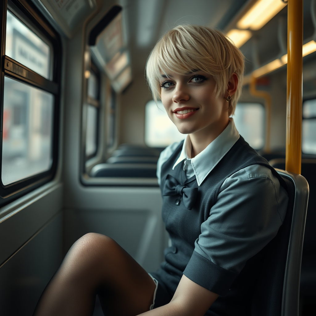 photorealistic, ultra high resolution, 16K, surreal fantasy, soft studio lighting, a pretty 18 year old goth male, slim male physique, short blonde hair, goth makeup, earrings, sheer black pantyhose, UK girls-school uniform, Mary-Jane shoes, sitting in the school bus, excited smile, facing the camera.