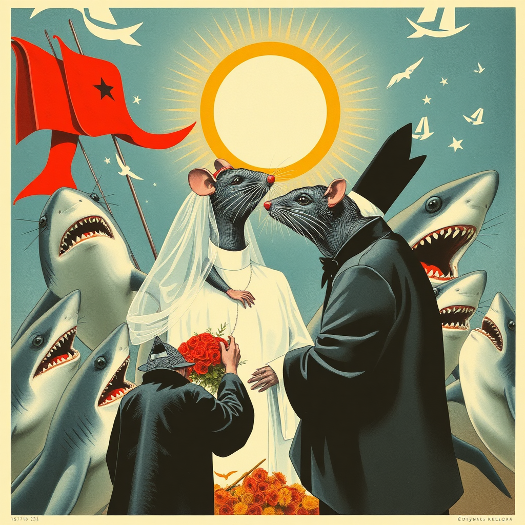 A rat wedding being attacked by sharks, Catholic, Soviet propaganda poster