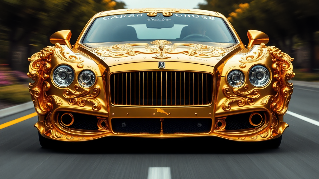 A luxurious, gold-plated car adorned with intricate, ornate designs and carvings. The vehicle features prominent headlights and a distinctive front grille, showcasing a fusion of elegance and extravagance. road motion blur