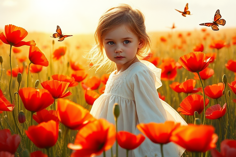 In a sun-drenched meadow, a young girl stands enchantingly poised among a vibrant sea of blooming poppies, their brilliant scarlet petals swaying gently in the warm breeze. She is clothed in a flowing white dress that billows delicately around her, the fabric catching the sunlight and gleaming with a soft, ethereal glow. The aroma of the poppies fills the air—a sweet, intoxicating scent that mingles with the fresh earthiness of the field.

Radiant beams of golden sunlight cascade down, illuminating the scene with a warm, inviting light that dances across the girl's delicate features. Her cherubic face is partially hidden by the lush poppies, yet her eyes—wide and shimmering with a mixture of wonder and pure joy—peer out, reflecting the brilliance of the surrounding blooms. The vibrant reds, contrasted against her white dress, create a stunning tapestry of color that draws the eye.

Around her, the melody of cheerful birdsong mingles harmoniously with the gentle rustle of the poppy petals, orchestrating a serene symphony that fills the tranquil atmosphere. The landscape sparkles with life, as fluttering butterflies meander between the flowers, their wings painted with the hues of a sunset.

Executed in the expressive style of Claude Monet, the painting features thick, dynamic brush strokes that capture the ever-changing play of light. Each stroke brings to life the textures of the flowers and grasses, emphasizing the fluidity of the moment. The overall scene is imbued with a sense of beauty and tranquility, inviting the viewer to immerse themselves in the joyful serenity of this idyllic moment in nature.