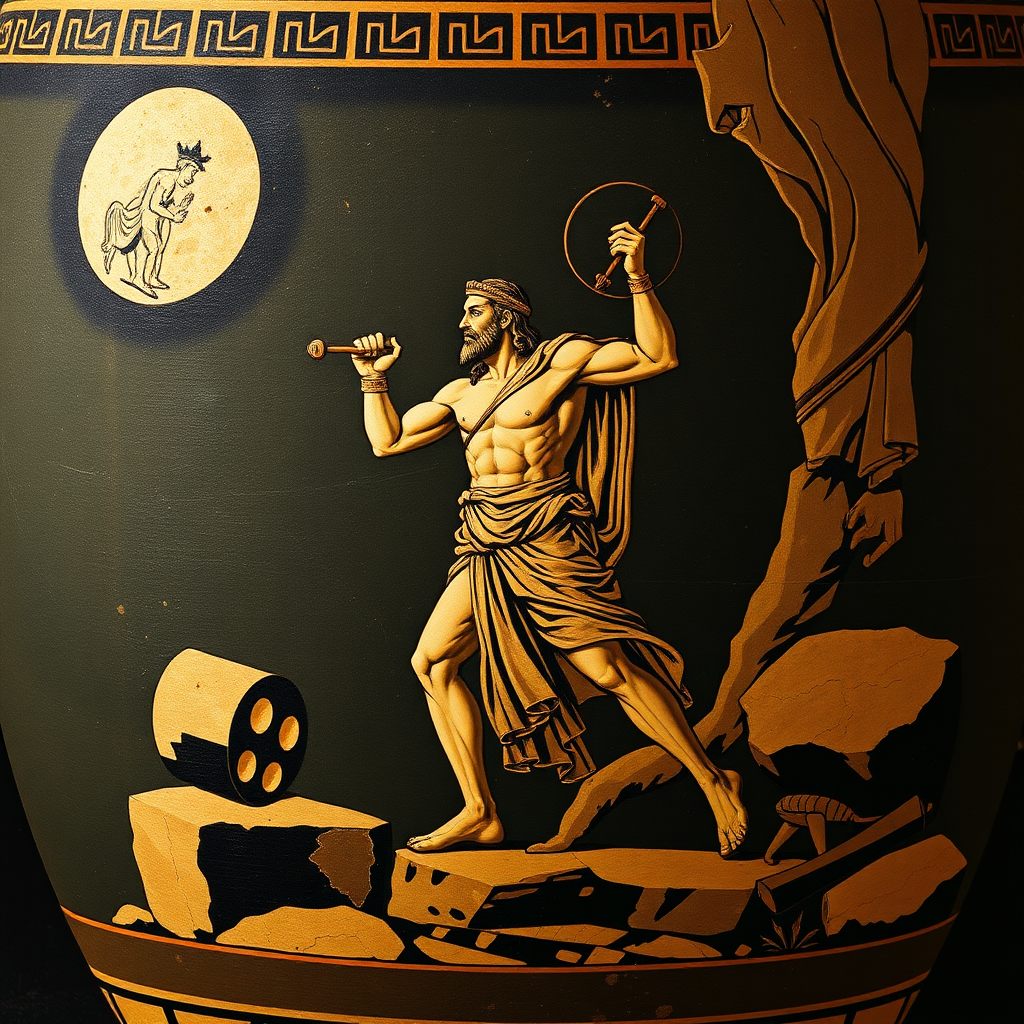 Sisyphus when he was still the King of Corinth before he was punished by Zeus. In a style of old Greek Mythology vase paintings.