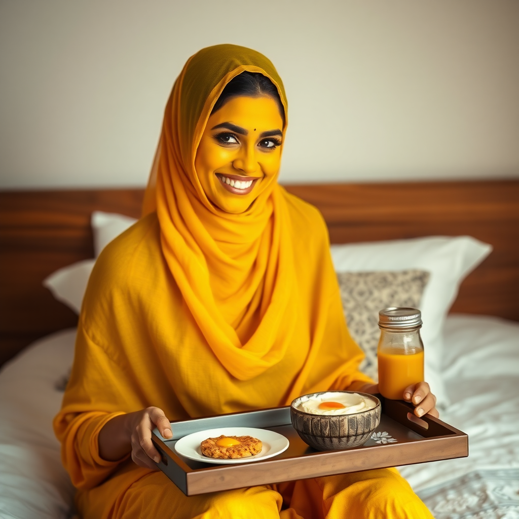 slim, 30 year old, sexy, indian wife, face veil, turmeric face mask. She is smiling and serving breakfast on a tray on bedside table