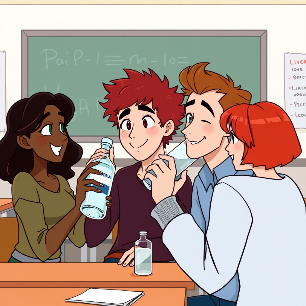 A black girl with wavy hair, a short curly red-haired guy, a brown-haired guy, and a non-binary person with red hair all drinking a bottle of vodka together in a classroom at school during a class in an animated style.