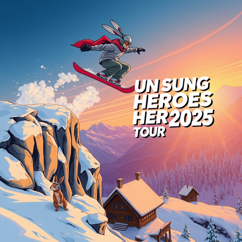 {
  "size": "1024x1792",
  "prompt": "A clean, modern comic book-style poster for the Unsung Heroes Tour 2025. The snowboarder is the main focus, seen from above, dramatically launching off a snow-covered rocky cliff into the unknown. The snowboarder should have no animal-like features (no bunny ears) and is about 1.5x the size of the snowshoe hare, which is much smaller and positioned far below in the background. The snowboarder's hero cape flutters behind them, adding a sense of adventure. A small snowshoe hare, significantly smaller than the snowboarder, is standing on its hind legs, wearing oversized headphones, looking up at the snowboarder from the ground with a comically exaggerated, awestruck expression. At the bottom of the hill is a rustic wooden lodge, clearly visible and representing the cozy, independent nature of the ski resort. The vibrant scene takes place during a sunrise, with warm, glowing colors filling the sky, enhancing the overall energy of the poster. The title 'Unsung Heroes Tour 2025' is clearly, accurately and prominently displayed in a bold, 3D comic book-style typeface. The overall style is clean, energetic, adventurous, and visually cohesive."
}