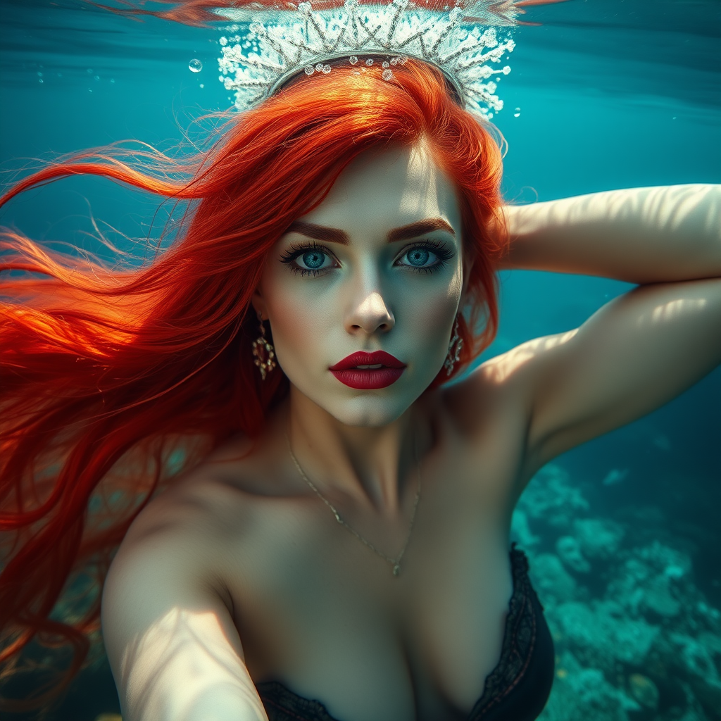 Red Sonja the legendary warrior underwater amazing short flowing hair floating in a nimbus around her beautiful face her arms outstretched languidly over her head. she's looking down into the viewer's eyes making intense eye contact. diaphanous gossamer. Burlesque. Stunning undersea life details plants and fish and other creatures of the sea. Amazing HD DSLR photographic output.